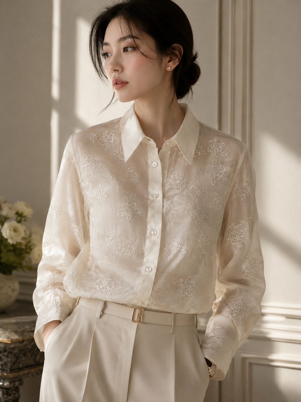 100%silk Cream Embroidered Semi-Sheer Button-Down Blouse